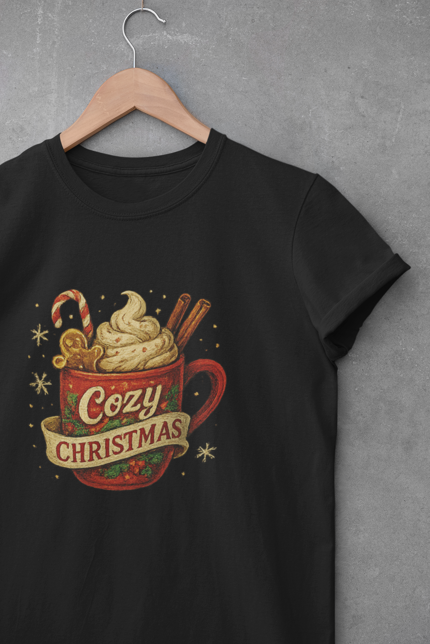 Cozy Christmas Hot Cocoa Mug Graphic Tee – Black Holiday Shirt