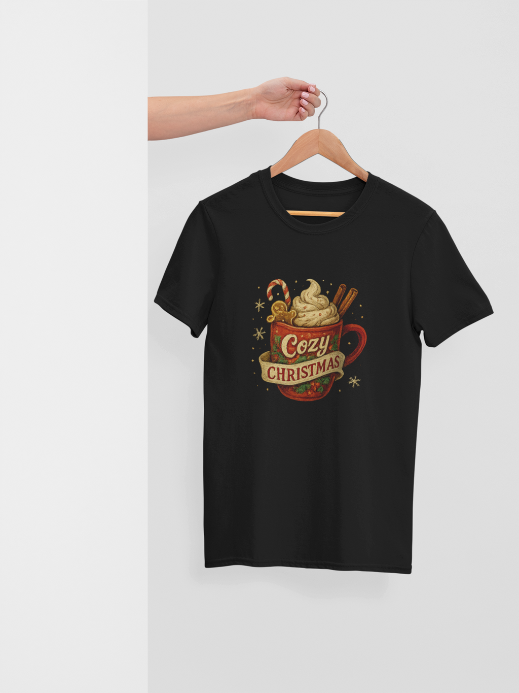 Cozy Christmas Hot Cocoa Mug Graphic Tee – Black Holiday Shirt