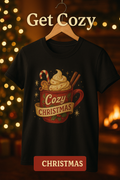 Cozy Christmas Hot Cocoa Mug Graphic Tee – Black Holiday Shirt
